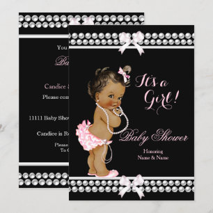 Invitation Baby shower fille perles roses Black Ethnic