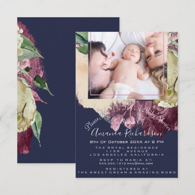 Invitation Baby shower fille Photo Marine Roses Floral (Devant / Derrière)