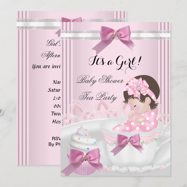 Invitation Baby shower Fille Pink Baby Teacup Cupcake 4b (Devant / Derrière)