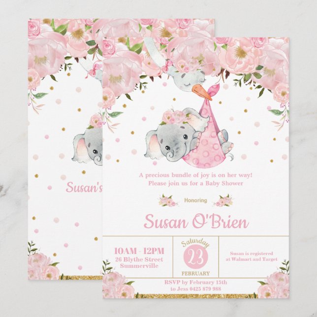 Invitation Baby shower Fille Pink Floral Elephant Stork Bundl (Devant / Derrière)