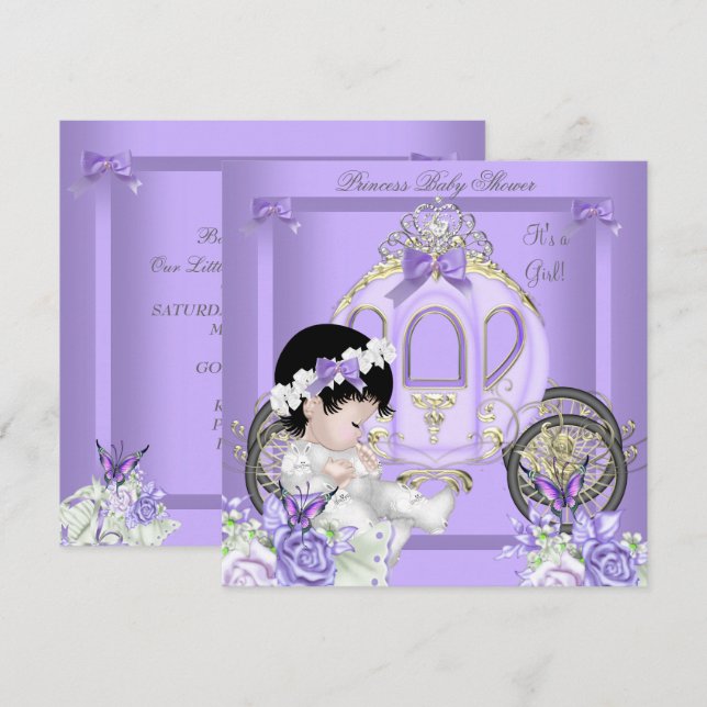 Invitation Baby shower fille Princesse Carriage Lavande (Devant / Derrière)