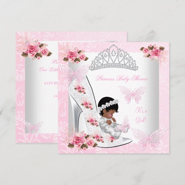 Invitation Baby shower fille princesse papillon Chaussure ros (Devant / Derrière)