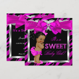 Invitation Baby Shower Fille Rayure Zèbre Rose Chaud Afro-Amé