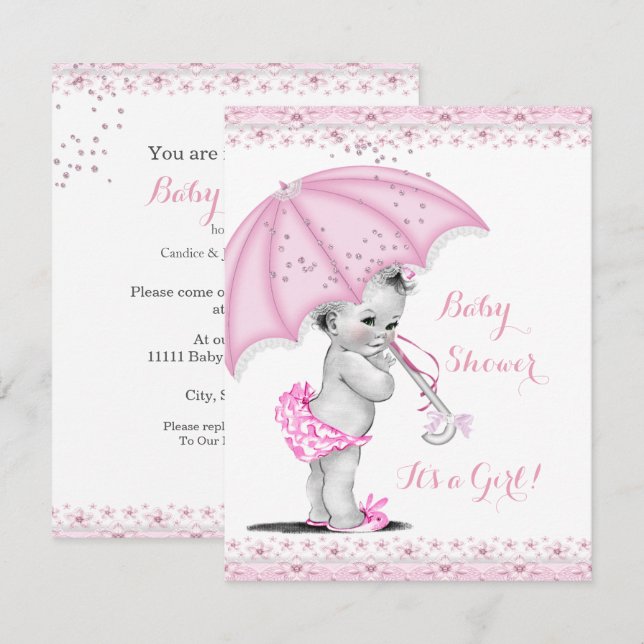 Invitation Baby shower fille rose arroser parapluie (Devant / Derrière)