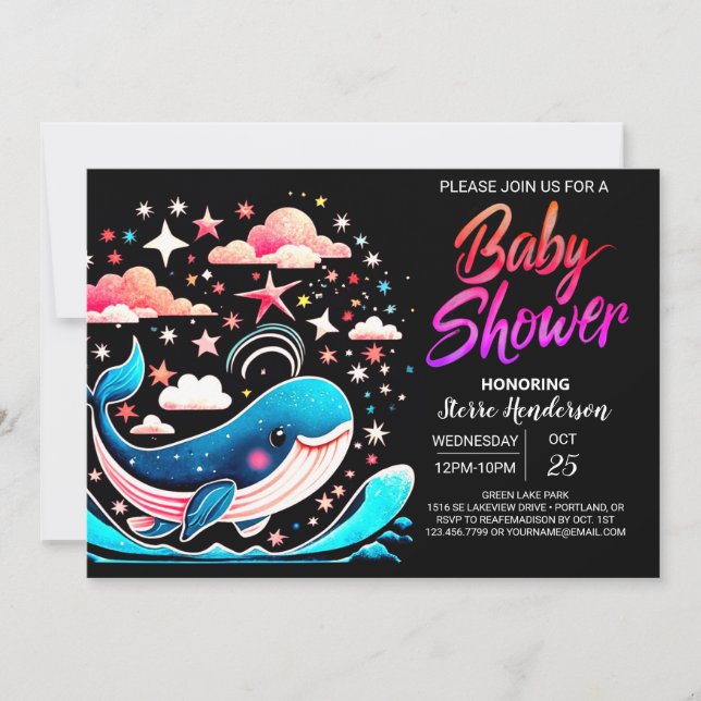 Invitation Baby shower fille rose baleine Waves (Devant)