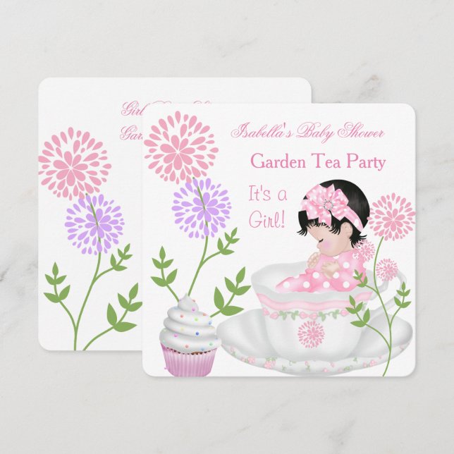 Invitation Baby shower Fille Rose Bébé Jardin Tea Party (Devant / Derrière)