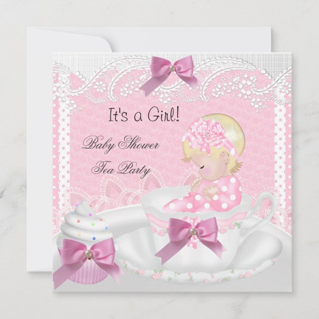 Invitation Baby shower fille rose bébé Teacup Cupcake Blonde (Devant)