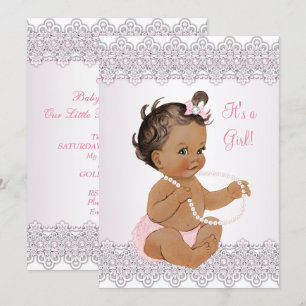 Invitation Baby shower fille rose blanc dentelle perle Brunet