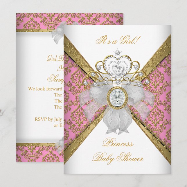 Invitation Baby shower fille rose blanche princesse Damas (Devant / Derrière)