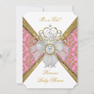 Invitation Baby shower fille rose blanche princesse Damask 2