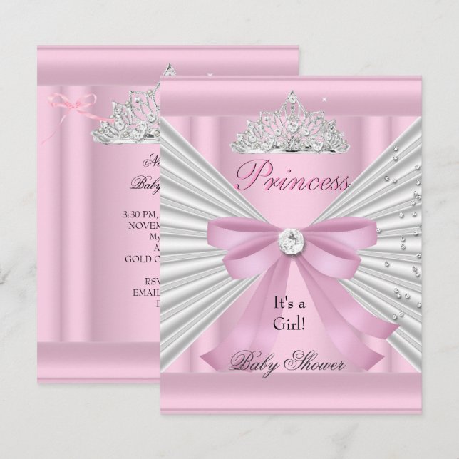 Invitation Baby shower fille rose blanche princesse Tiara (Devant / Derrière)