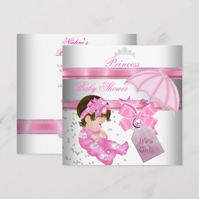 Invitation Baby shower fille rose blanche princesse Tiara (Devant / Derrière)