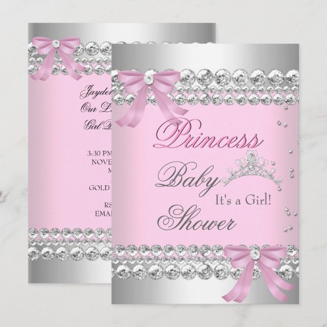 Invitation Baby shower fille rose blanche princesse Tiara Gem (Devant / Derrière)