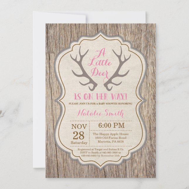 Invitation Baby Shower Fille Rose Bois de Cerf Rustique (Devant)