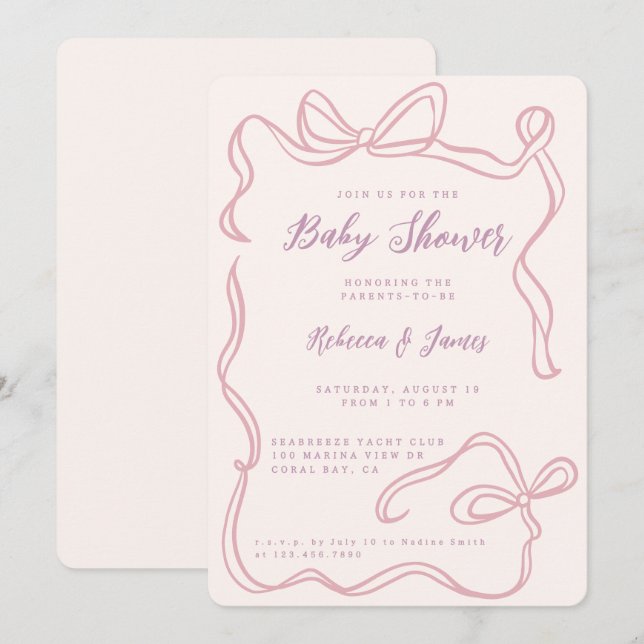 Invitation Baby shower Fille Rose Bow Drôle À La Main (Devant / Derrière)