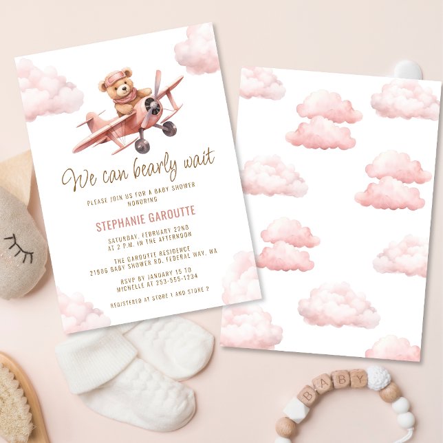 Invitation Baby shower fille rose de l'avion mignonne ours (Cute Bear Airplane Pink Girl Baby Shower Invitation)