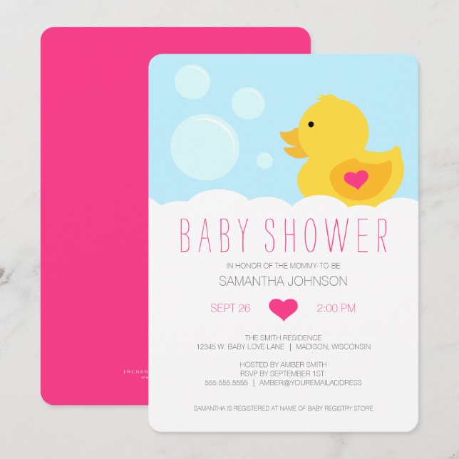 Invitation Baby shower fille rose en caoutchouc (Devant / Derrière)