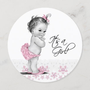 Invitation Baby Shower Fille Rose et Gris Vintage