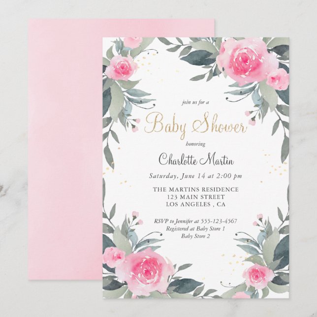 Invitation Baby shower Fille Rose Floral (Devant / Derrière)
