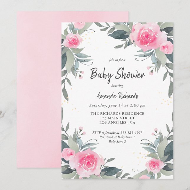 Invitation Baby shower Fille Rose Floral (Devant / Derrière)