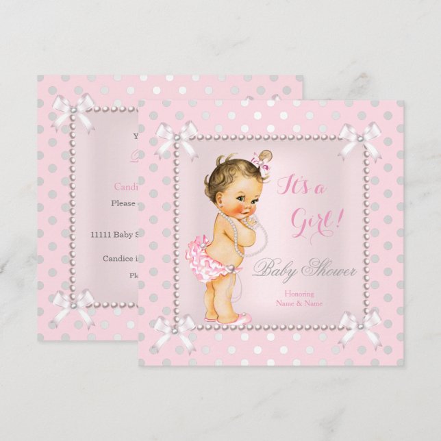 Invitation Baby shower fille rose Grey Pearl Brunette (Devant / Derrière)