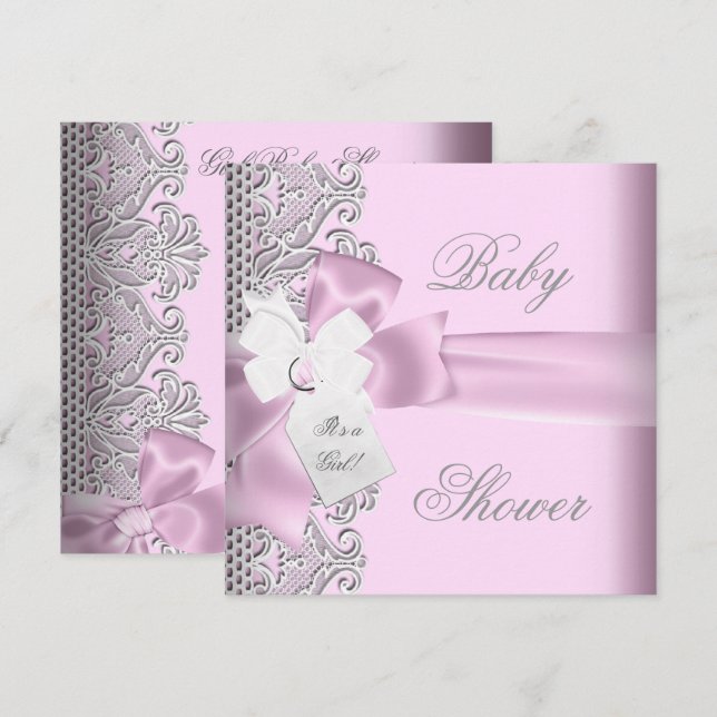 Invitation Baby shower fille rose gris blanc dentelle (Devant / Derrière)