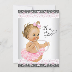 Invitation Baby Shower Fille Rose Gris Dentelle