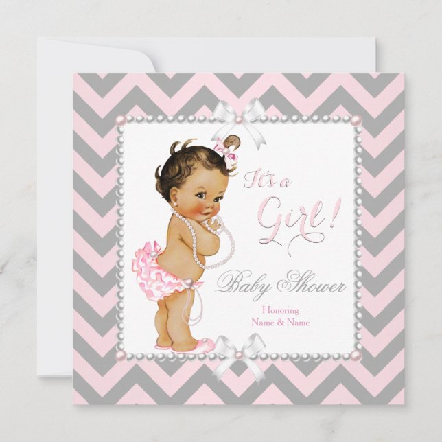 Invitation Baby shower fille rose gris rayure blanc Brunette (Devant)