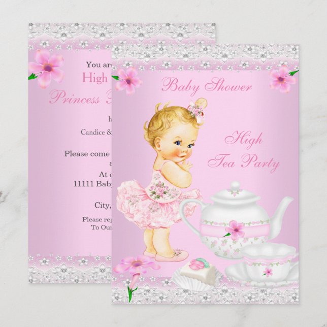 Invitation Baby shower Fille Rose High Tea Party Blonde (Devant / Derrière)