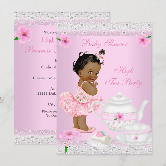 Invitation Baby shower Fille Rose High Tea Party Ethnique (Devant / Derrière)