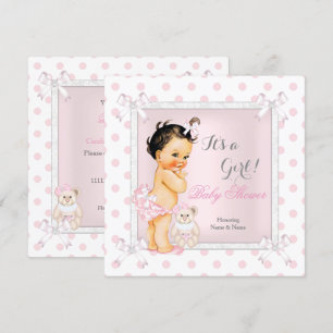 Invitation Baby Shower Fille Rose Jouet Points Brunette