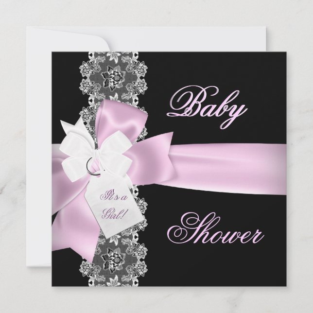 Invitation Baby shower fille rose noir blanc dentelle (Devant)