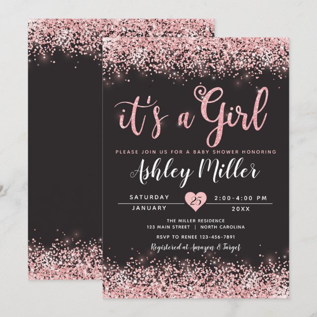 Invitation Baby shower fille rose noir chic (Devant / Derrière)