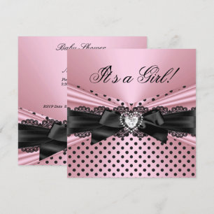 Invitation Baby Shower Fille Rose Noir Dentelle Points