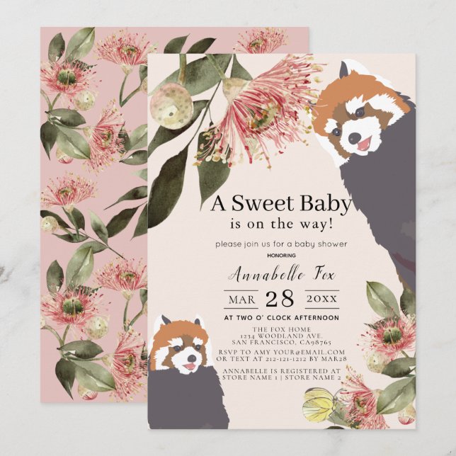 Invitation Baby shower Fille Rose Panda Rouge (Devant / Derrière)