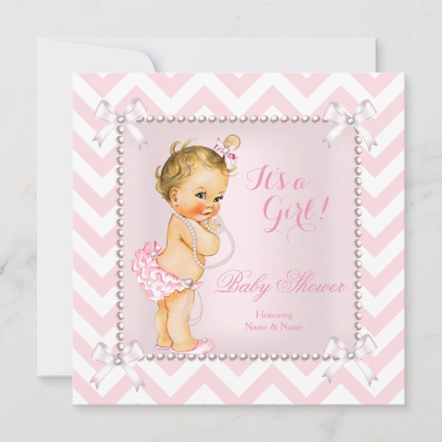 Invitation Baby shower fille rose perle blanc Chevron Blonde (Devant)
