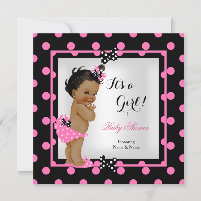 Invitation Baby shower fille rose Pois noir ethnique (Devant)