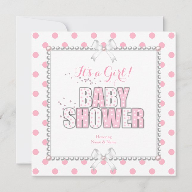 Invitation Baby shower fille rose Pois perles (Devant)