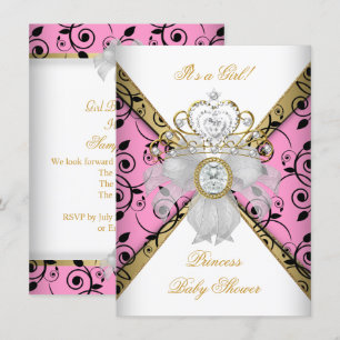 Invitation Baby shower fille rose princesse Damas noir