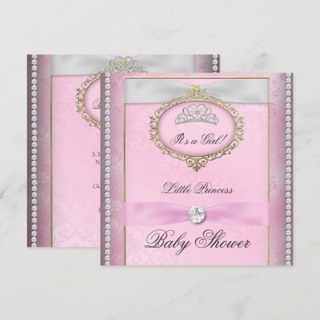 Invitation Baby shower fille rose princesse Tiara Diamond (Devant / Derrière)