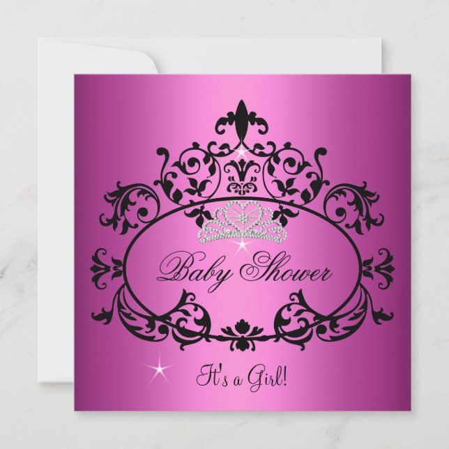 Invitation Baby shower fille rose Princesse Tiara Noir (Devant)