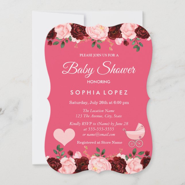 Invitation Baby shower fille Rose rose et bourgogn (Devant)