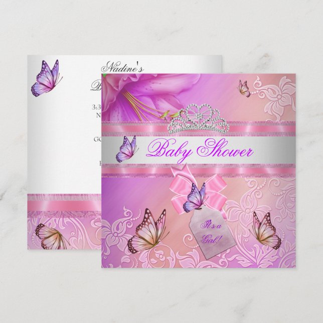 Invitation Baby shower fille rose violet papillon princesse (Devant / Derrière)