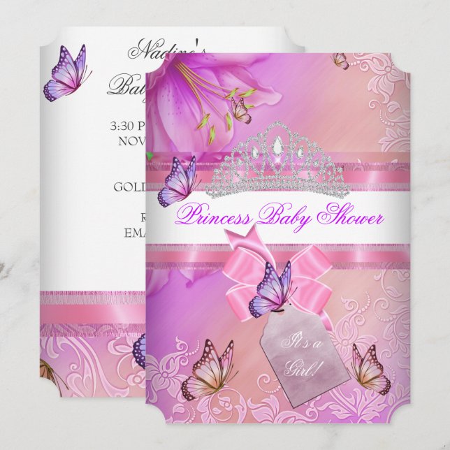 Invitation Baby shower fille rose violet princesse papillon 3 (Devant / Derrière)