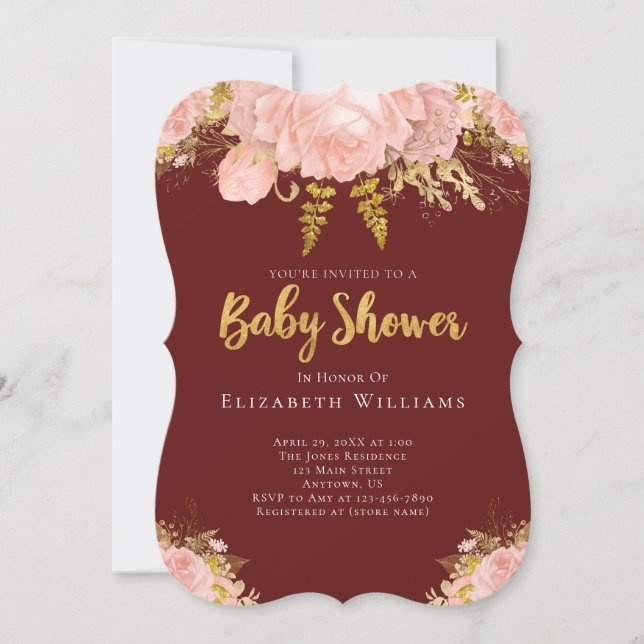 Invitation Baby shower Fille Rosée Rose Or Bourgogne Fleur (Devant)