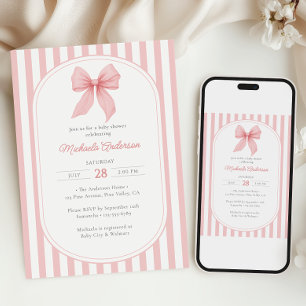 Invitation Baby Shower Fille Ruban Coquette Rose Rayures
