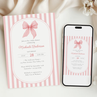 Invitation Baby Shower Fille Ruban Coquette Rose Rayures