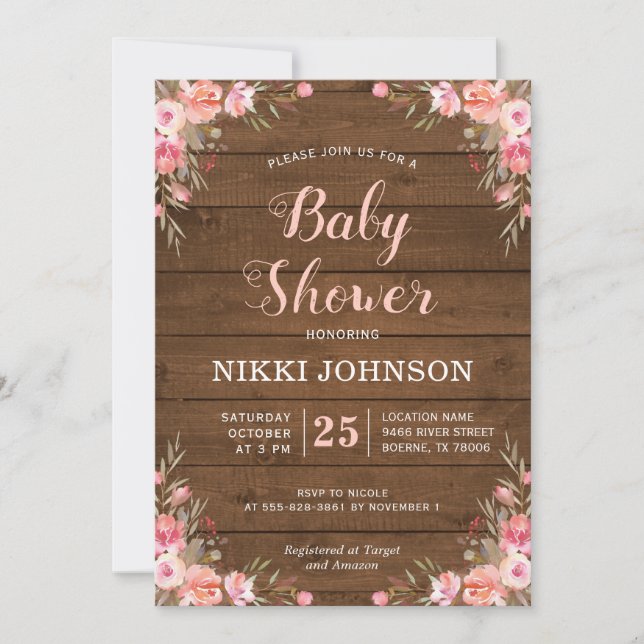 Invitation Baby Shower Fille Rustique Bois Floral Chic Campag (Devant)