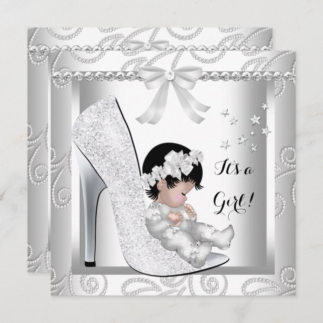 Invitation Baby shower fille Silver Grey Blanc Diamond Chauss (Devant / Derrière)