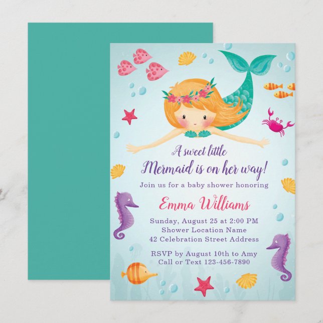 Invitation Baby shower fille sirène à l'aquarelle mignonne (Devant / Derrière)